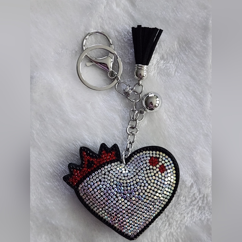 Heart Shaped Sparkly Rhinestone With Crown Keychain with Tassel Bag Charm